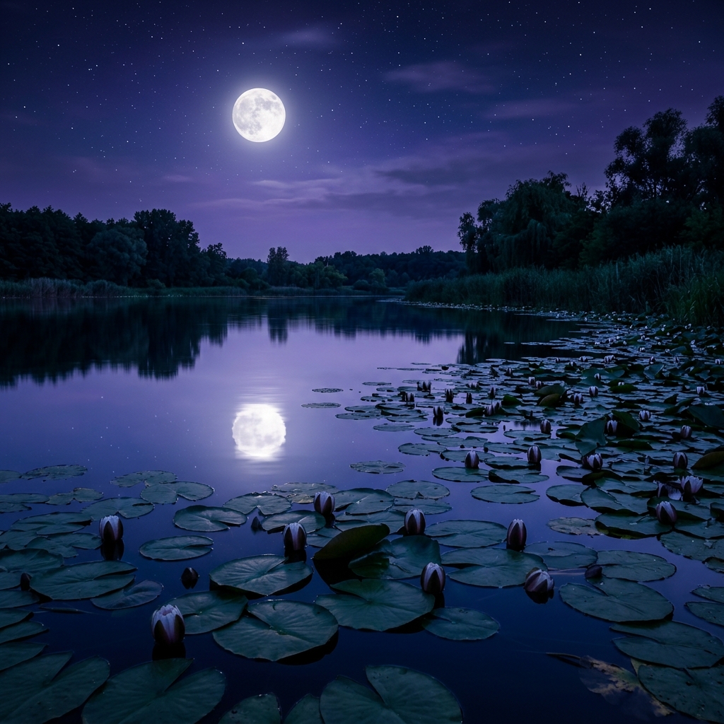 Lua cheia refletida em lago com flores de lótus - Florais para insônia