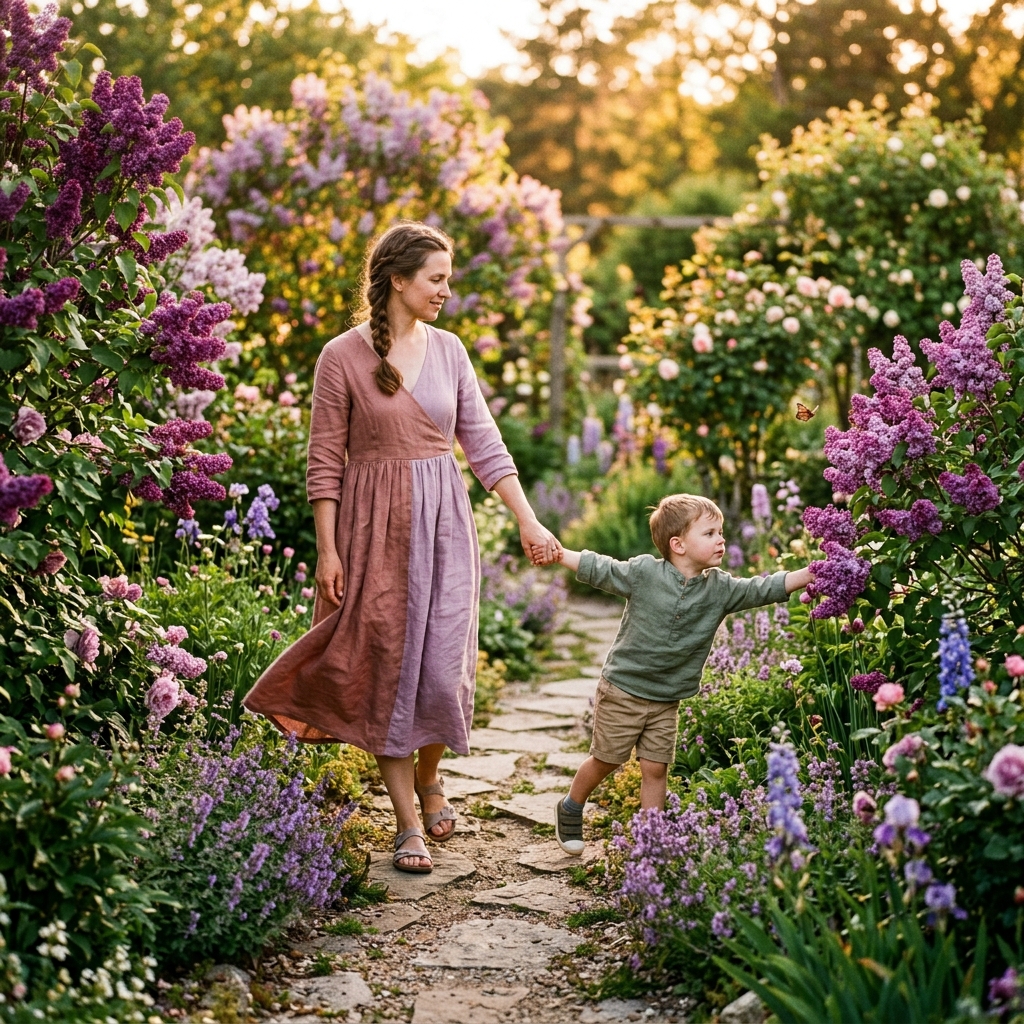 Mãe e filho caminhando em jardim florido - Florais para comportamento infantil