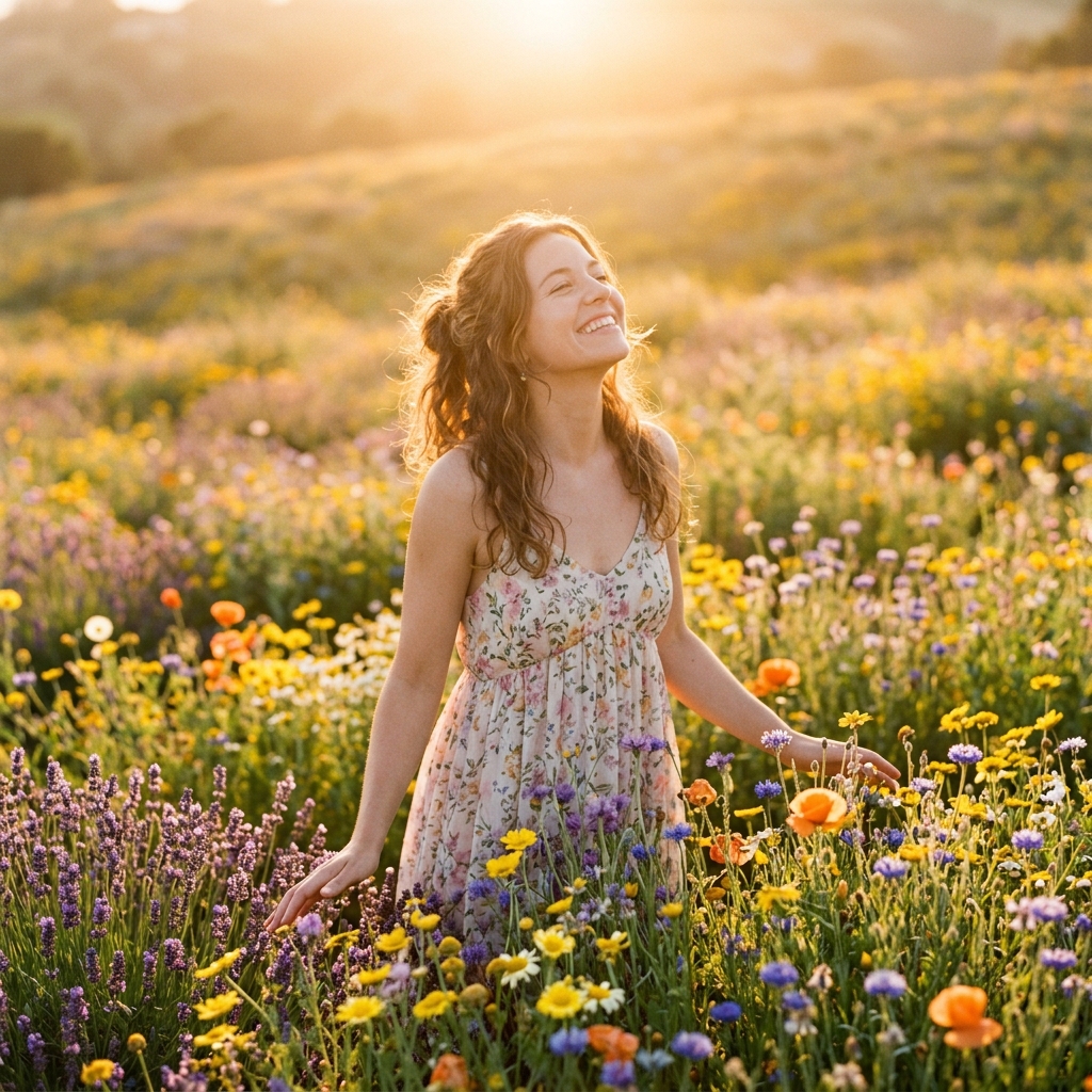 Mulher sorrindo ao sol entre flores - Florais para tristeza profunda